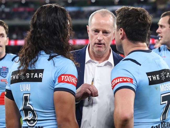 NSW Blues coach Michael Maguire talks to Jarome Luai and Mitchell Moses of the Blues during game two at the Melbourne Cricket Ground. Picture: Getty Images