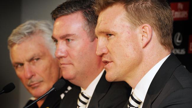 Nathan Buckley took over the Pies’ top job from Mick Malthouse in a contentious transfer of power.