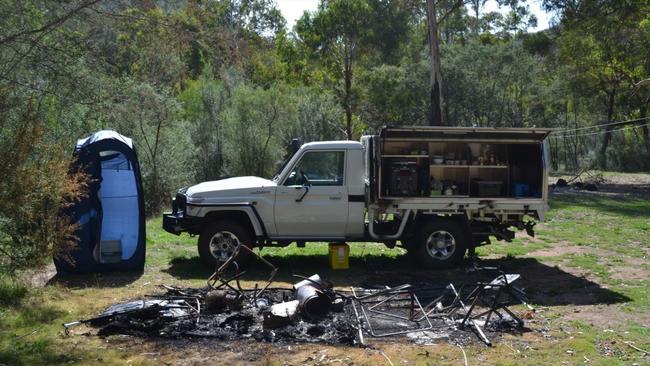 Police located the burnt camp on March 28, two days after the pair were reported missing. Picture: Supplied/ Supreme Court of Victoria