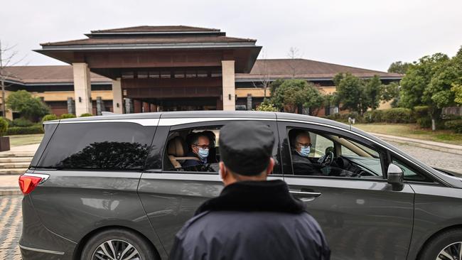 The WHO team leave their hotel after it wrapped up its investigation into the origins of the COVID-19 coronavirus in Wuhan in February. Picture: AFP