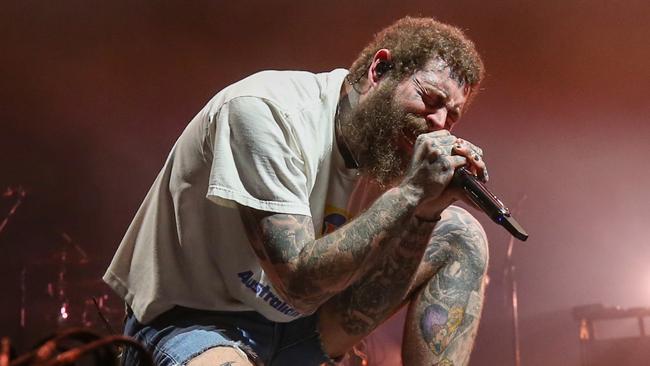 Post Malone performs at Brisbane’s RNA Showgrounds last night. Picture: Stephen Archer