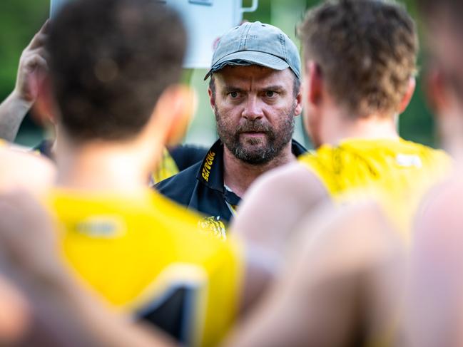 Leigh Crossman coaching the Nightcliff Tigers in the 2024-25 NTFL season. Picture: Patch Clapp / AFLNT Media