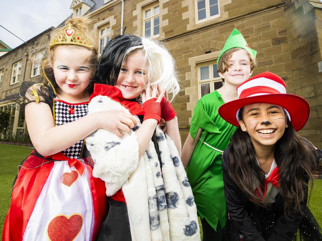 Esther Oliver, 8 as Queen of Hearts, 
Charlotte McLaren, 8 as Crullea de Ville, Ava Poate 9, as Cat in the Hat and Amelia Pegg, 9 as Peter Pan. Book Week at St Mary's College. Picture: Richard Jupe