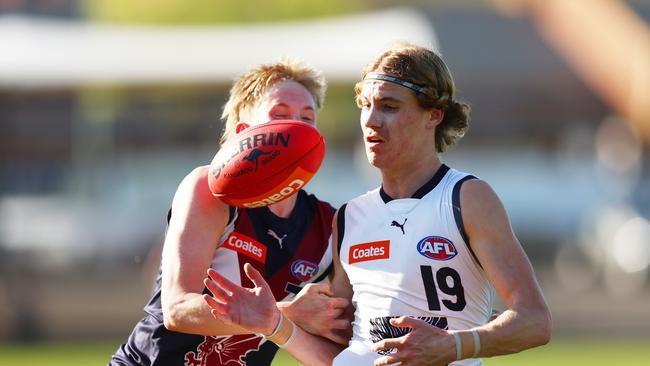 Angus Hastie hunts the footy. Picture: Graham Denholm/AFL Photos via Getty Images