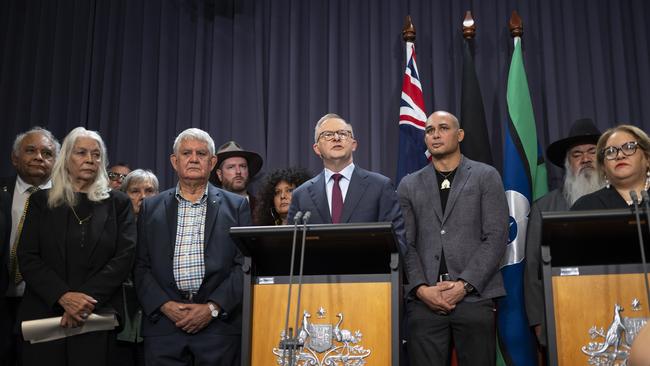 Anthony Albanese holds a press conference with members of the Referendum Working Group at Parliament house in Canberra. Picture: NCA NewsWire / Martin Ollman