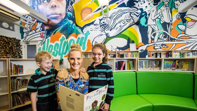 Westport Primary School principal Rebecca Huddy with year 1 students Max and Peggy in Semaphore Park. Picture: Tom Huntley