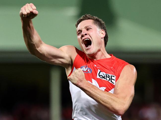 SYDNEY, AUSTRALIA - SEPTEMBER 20: Hayden McLean of the Swans celebrates kicking a goal during the AFL Preliminary Final match between Sydney Swans and Port Adelaide Power at Sydney Cricket Ground, on September 20, 2024, in Sydney, Australia. (Photo by Cameron Spencer/Getty Images)