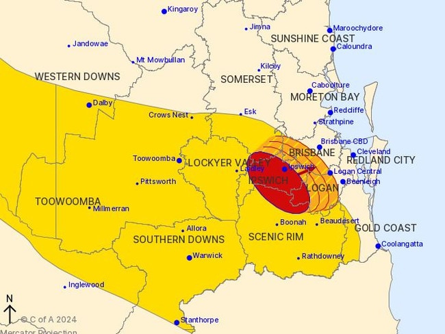 The BoM's updated warning, issued at 7.05pm Sunday.