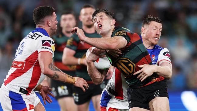 SYDNEY, AUSTRALIA – AUGUST 24: Cameron Murray of the Rabbitohs is tackled during the round 25 NRL match between South Sydney Rabbitohs and Newcastle Knights at Accor Stadium, on August 24, 2024, in Sydney, Australia. (Photo by Matt King/Getty Images)