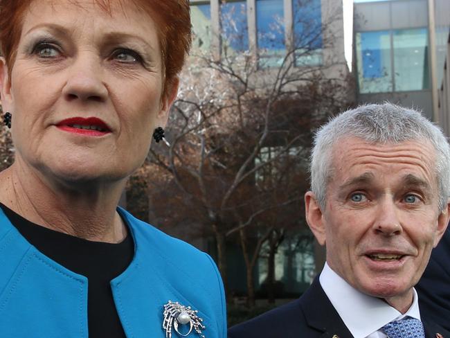 One Nations senators Malcolm Roberts  with Pauline Hanson during a press conference in Parliament House Canberra.Picture Gary Ramage