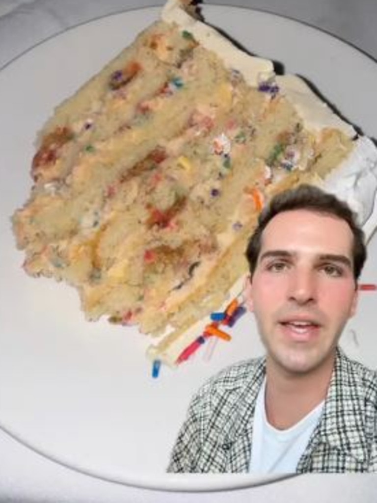 Quality Meats served the 12 dinner guests “tiny” slice of the “massive” 15-layer Funfetti cake, Ryan told his followers. Picture: TikTok/@ryannordheimer