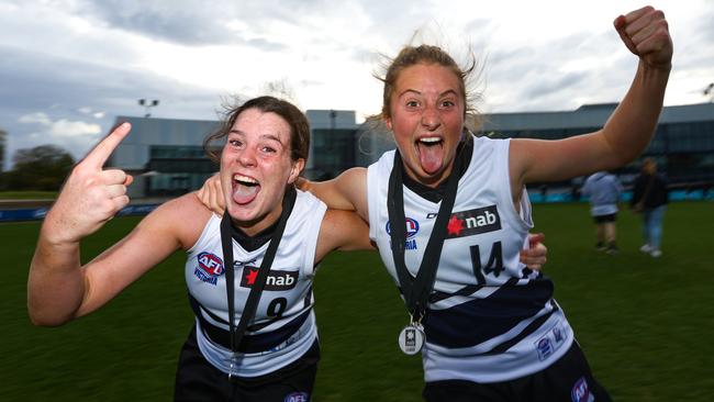 Maeve Chaplin and Jessica Fitzgerald celebrates the Northern Knights premiership. Picture: Luke Hemer