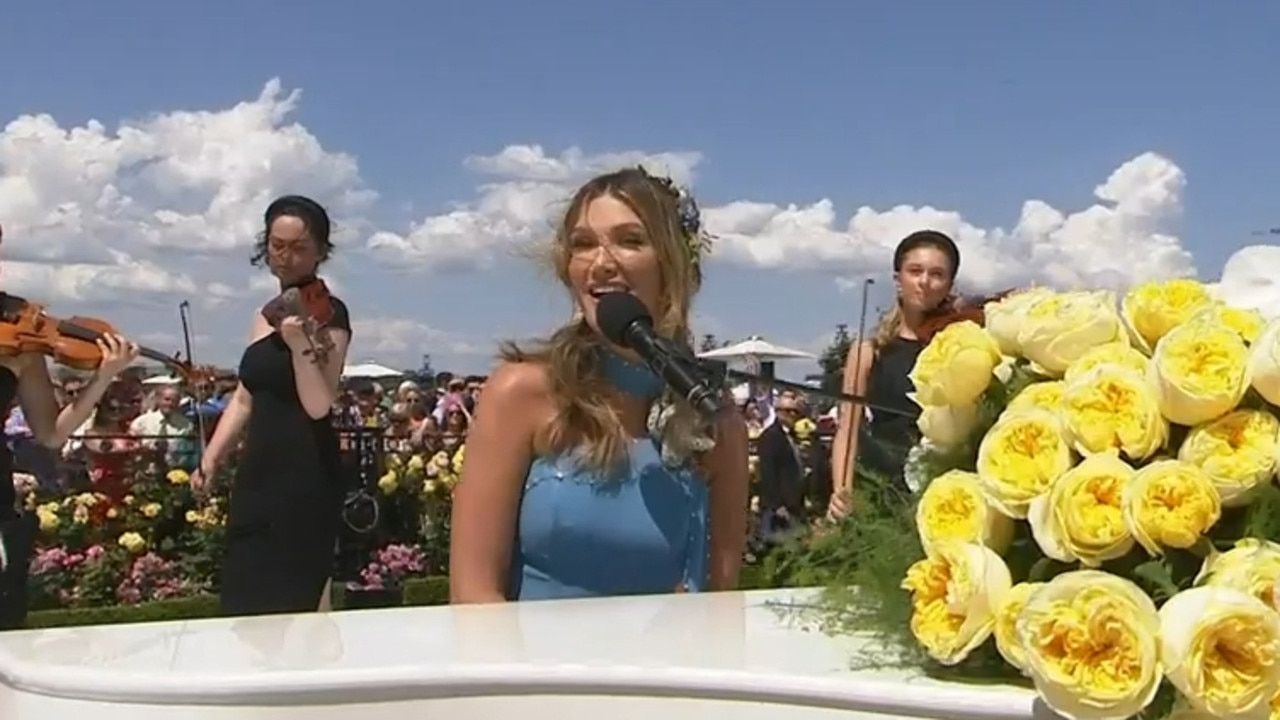 Delta Goodrem performing the 2023 Melbourne Cup. Picture: Channel 10