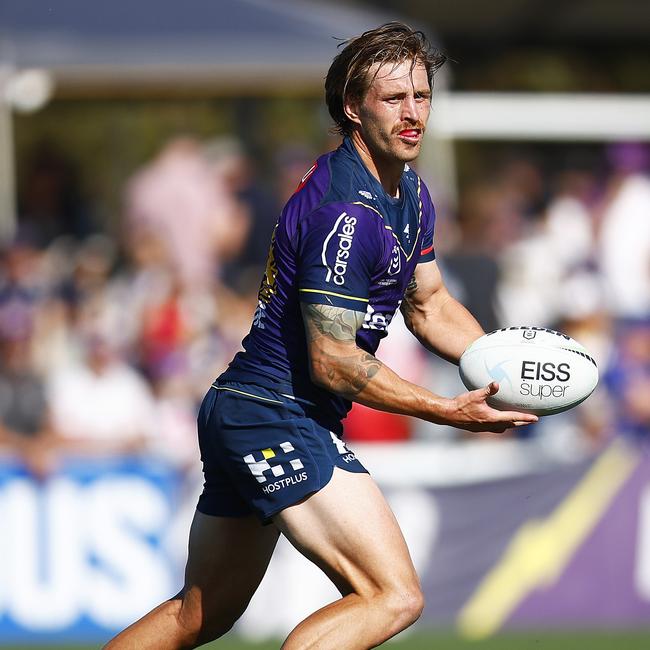 Cameron Munster of the Storm in action during the NRL Trial match between the Melbourne Storm and the New Zealand Warriors at Casey Fields on February 19, 2022 in Melbourne, Australia. Picture: Daniel Pockett