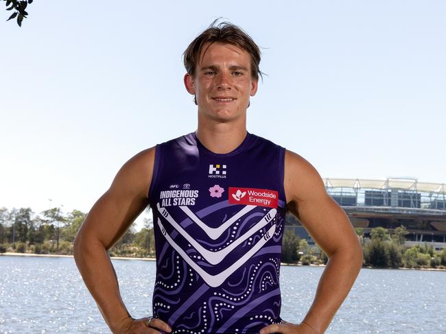 Caleb Serong poses during the Indigenous All Stars Guernsey unveiling. Picture: Will Russell/AFL Photos via Getty Images