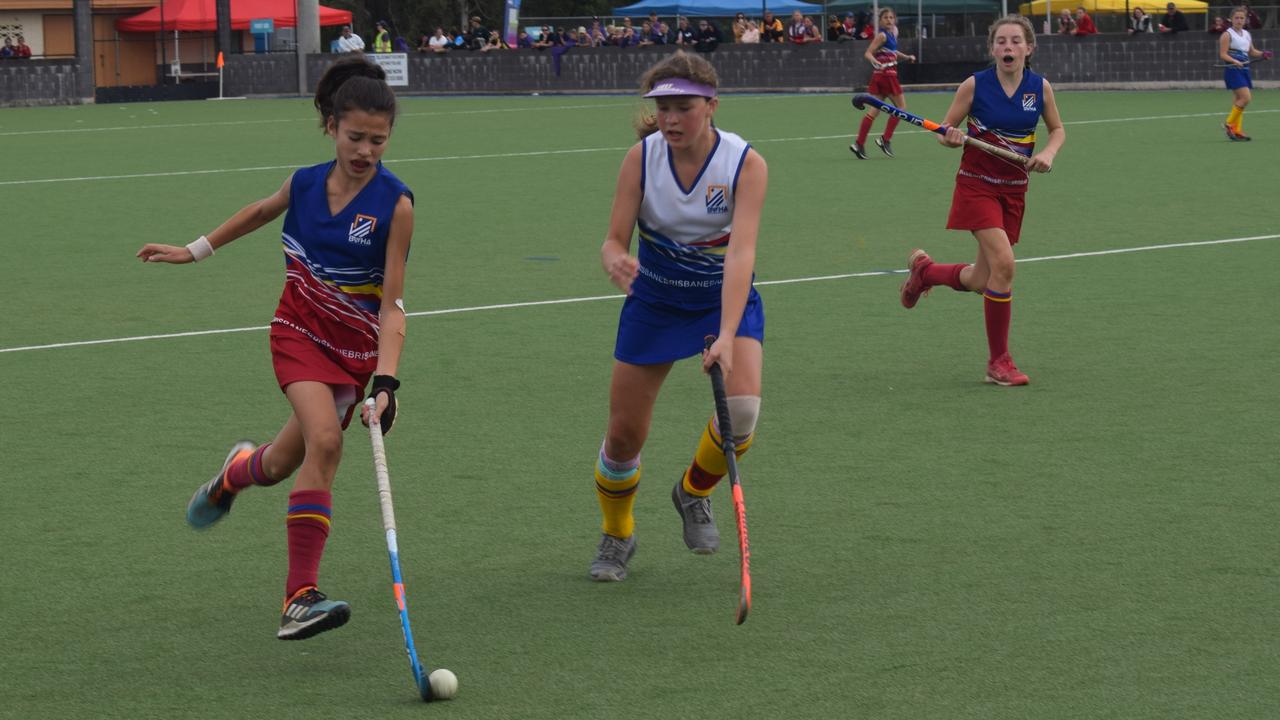 Gympie hosted the 2021 Under 13 Girls State hockey championships over the last four days, with Brisbane teams taking out two of the three division titles. Aryel Bisseling flies down the right hand side. Pictures: Josh Preston