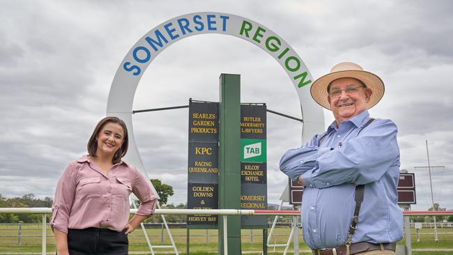 Urban Utilities spokesperson Anna Hartley with Kilcoy Race Club president Con Searle