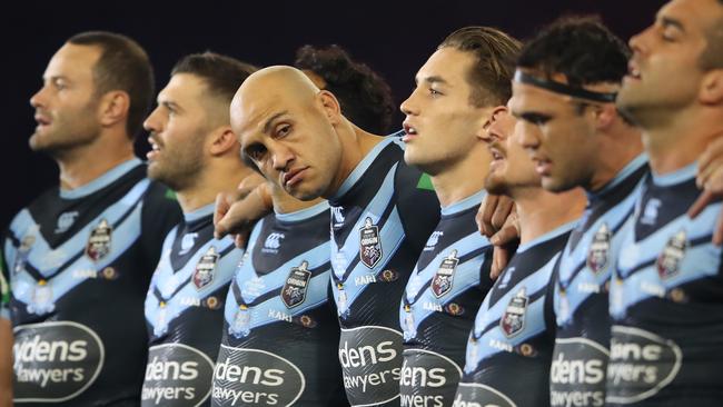 Blake Ferguson during the playing of the national anthem ahead of Origin II in Perth last year Picture: Getty Images