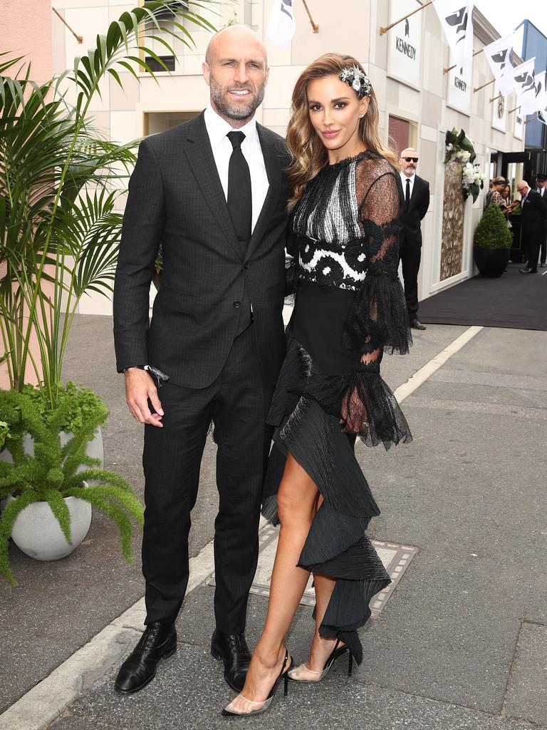 Chris and Rebecca Judd arrive at Derby Day at Flemington Racecourse. Picture: Getty Images