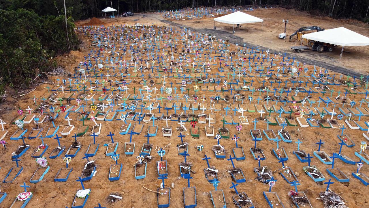 Aerial view of an area at the Nossa Senhora Aparecida cemetery where new graves have been dug in Manaus, Brazil, on May 22, 2020 amid the novel COVID-19 coronavirus pandemic. Picture: Michael Dantas/AFP