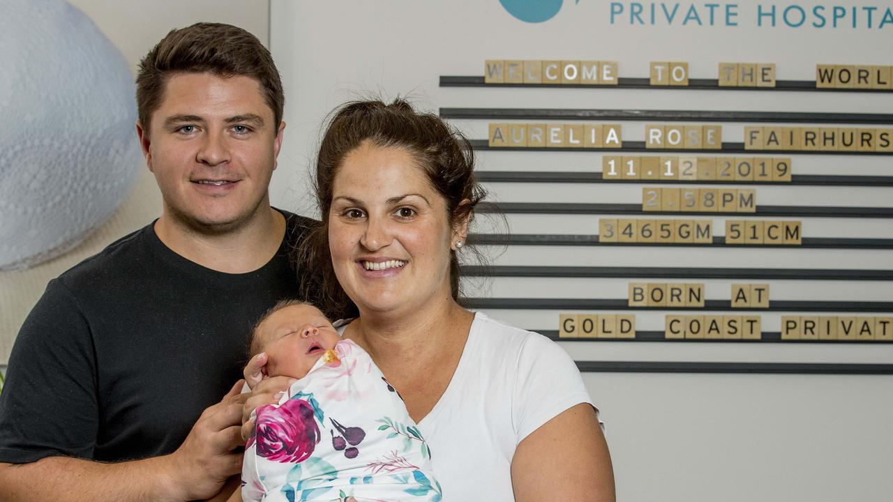 Shay Fairhurst and Rachel Fairhurst with their newborn Aurelia Rose Fairhust, born on 11/12/21019 at the Gold Coast Private Hospital, Southport. For story on fertility. Picture: Jerad Williams