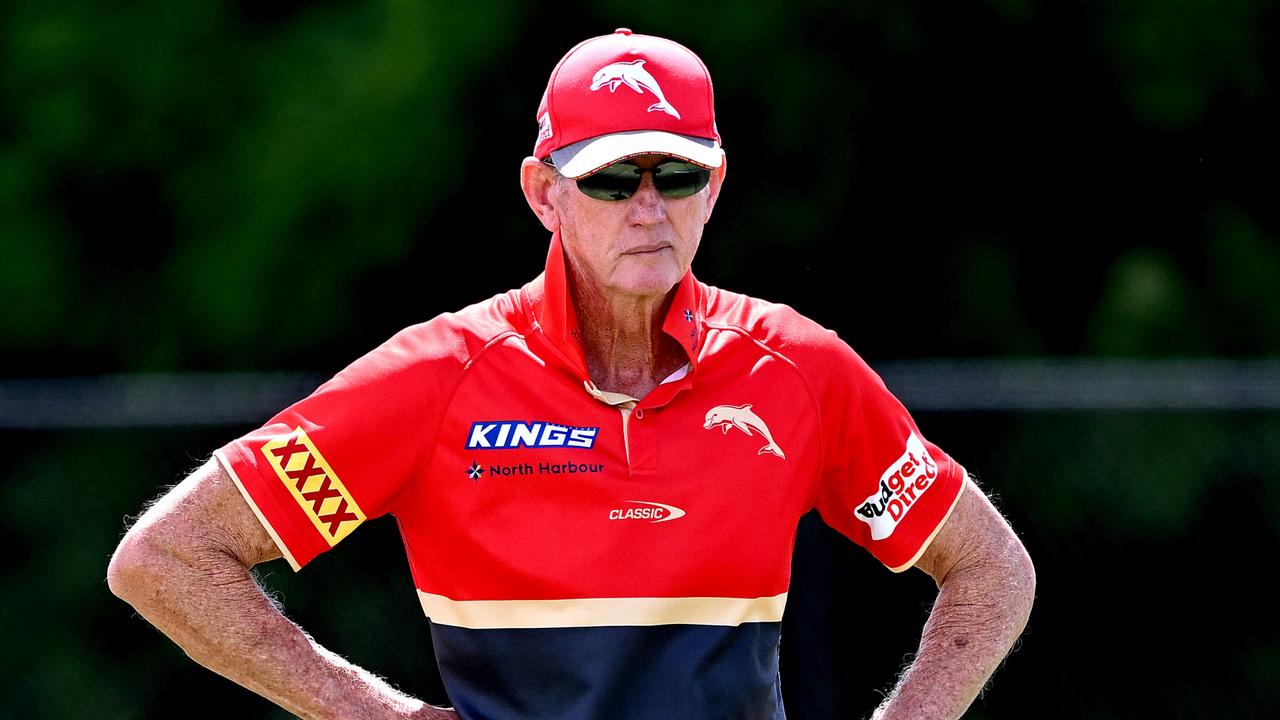BRISBANE, AUSTRALIA - MARCH 07: Coach Wayne Bennett is seen during a Dolphins NRL training session at Kayo Stadium on March 07, 2024 in Brisbane, Australia. (Photo by Bradley Kanaris/Getty Images)