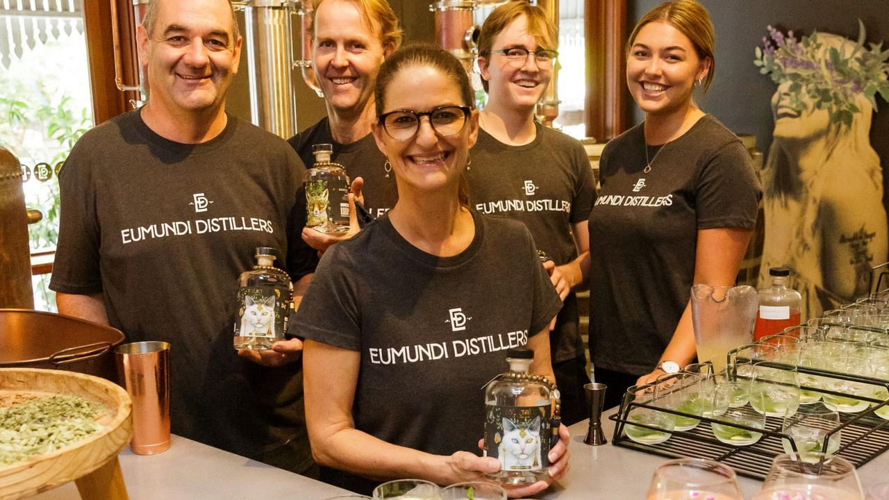 Eumundi Distillers Paul Thomas, head distiller Mick Reif, Jack Harvison, Maia Bradley and front, Simone Worts.