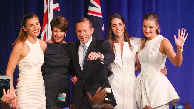 Former PM Tony Abbott and his family, from left, Frances, wife Margaret, Louise and Bridget during his victory speech after the 2013 federal election. Picture: Marianna Massey