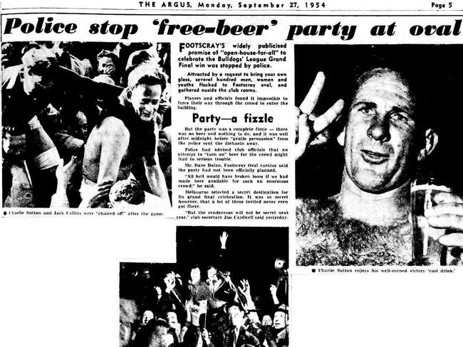 Footscray’s party with free beer for all the fans after the Grand Final was cancelled by police. Picture: The Argus.