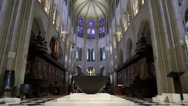 Inside the rebuilt Notre-Dame of Paris Cathedral before its reopening. Picture: Pascal Le Segretain/Getty Images for Notre-Dame de Paris