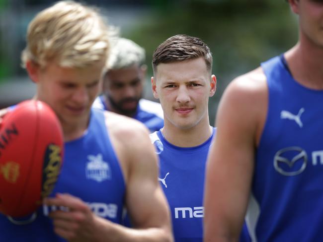 North Melbourne father-son selection Cooper Harvey and his dad, Brent Harvey at North Melbourne Football Club. Cooper Harvey during training.                     Picture: David Caird