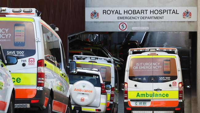 Ramping. Ambulances line up at the Royal Hobart Hospital emergency entrance. Picture: NIKKI DAVIS-JONES