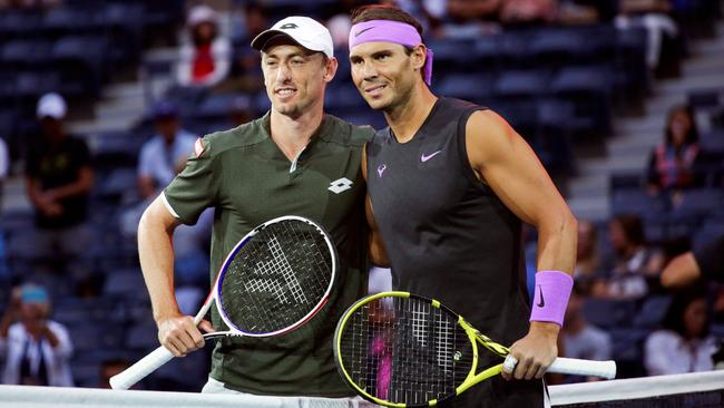 John Millman and Rafael Nadal before their first-round encounter. Picture: AFP