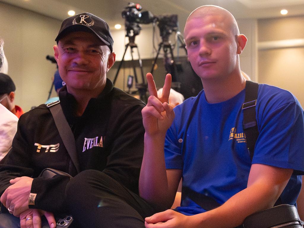 Kostya and Nikita Tszyu sitting front row at Tim’s press conference. Picture: Supplied