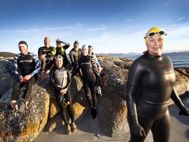 The Bicheno residents swim club, led by Olympian champion Shane Gould, goes for a 40-minute swim every day. Picture: KIM EISZELE