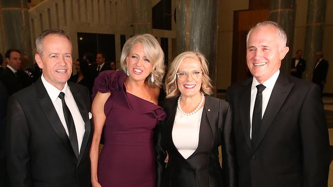 Opposition Leader Bill Shorten and Chloe with PM Malcolm Turnbull and Lucy at the federal Parliament Midwinter Ball 2017.