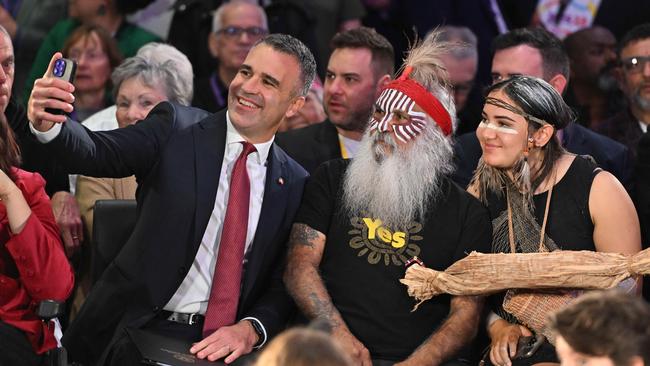 Premier Peter Malinauskas gets a selfie with Major "Moogy" Sumner and Jakirah Telfer at the Yes23 campaign launch in Elizabeth. Picture: NCA NewsWire / Brenton Edwards