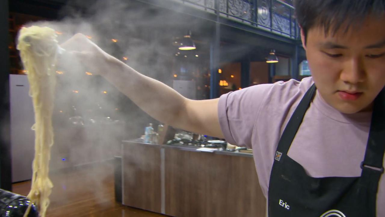 Eric has a frantic day in the kitchen, setting his tray on fire and ruining his pasta dish. Picture: Channel 10