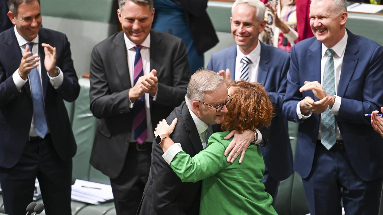 Prime Minister Anthony Albanese congratulates Ms Belyea after she was sworn into the House of Representatives. Picture: NCA NewsWire / Martin Ollman