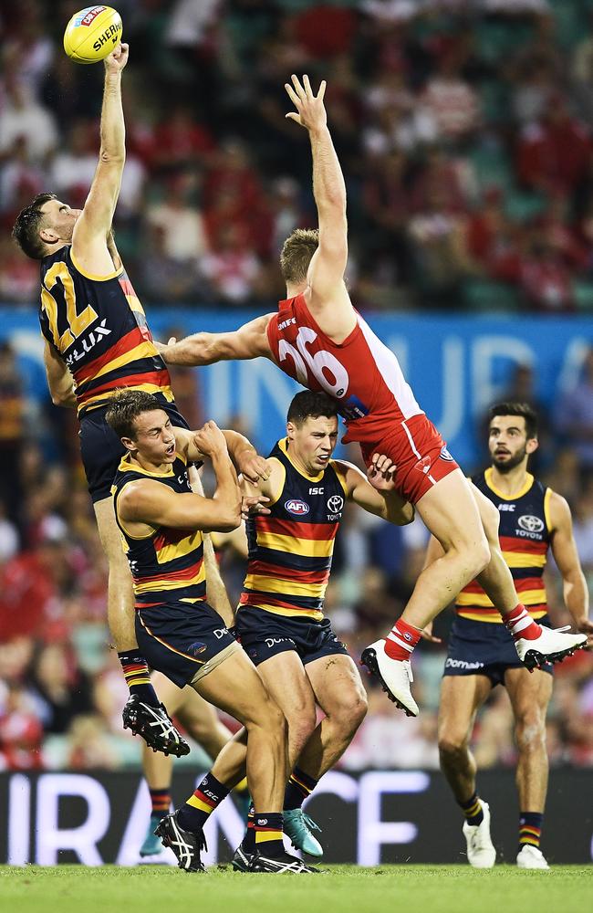 Andy Otten flies to spoil the pack during Friday night’s win over the Swans. Picture: Getty Images