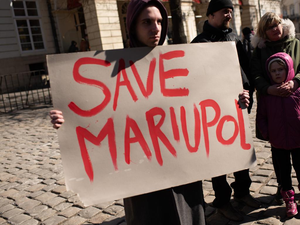 Ukrainians take part in an action in support of the residents and defenders of Mariupol on March 19, 2022 in Lviv, Ukraine. Picture: Alexey Furman/Getty Images