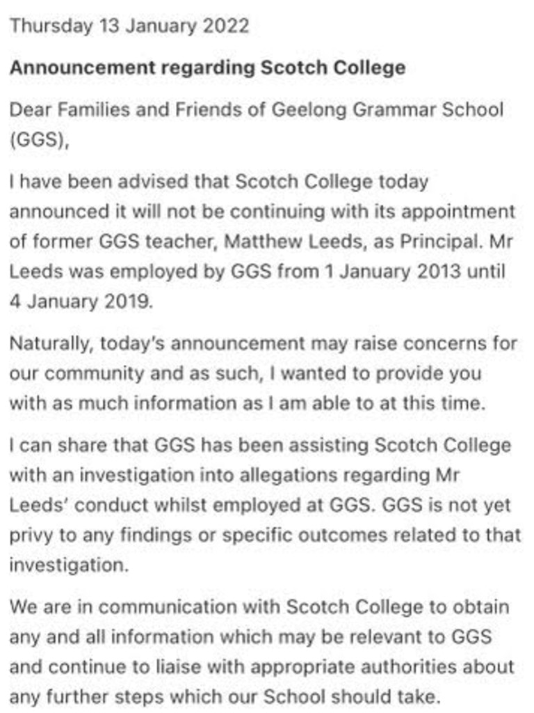 Ms Cody issued a letter to parents about the school’s involvement in the Scotch investigation into Mr Leeds.