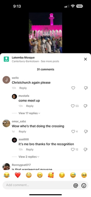 A TikTok user 'wello' commented “Christchurch again please” to a video posted to the Lakemba Mosque's official TikTok account.