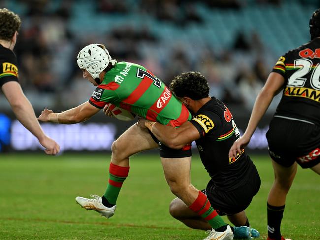 Jye Gray is set for a stint on the sidelines after coming off injured after this hip drop tackle from Izack Tago. Picture NRL Imagery