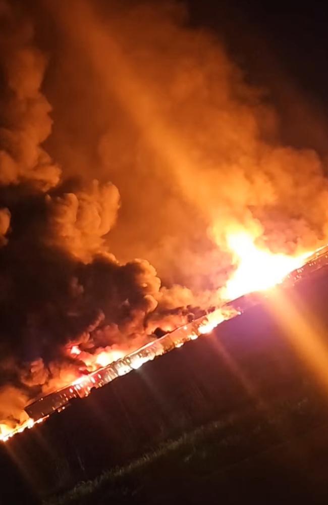 A huge explosion can be seen during a fire at a large industrial shed in Anakie, about 25 minutes from Geelong. Photo: Supplied.