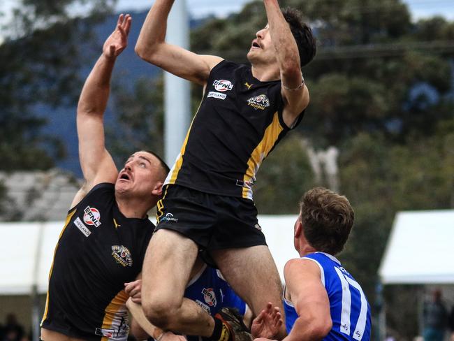 EFNL 2024: Balwyn's Josh Pollocks soars for a screamer in the grand final. Picture: Davis Harrigan