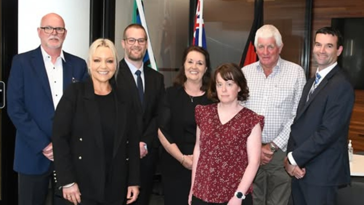 Golden Plains Shire councillors following their swearing in late last year. From left to right, Brett Cunningham, Sarah Hayden, Lachlan Glen, Helena Kirby, Emma Robbins, Des Phelan and Owen Sharkey. Mr Cunningham and Mr Glen have since resigned. Picture: Supplied.
