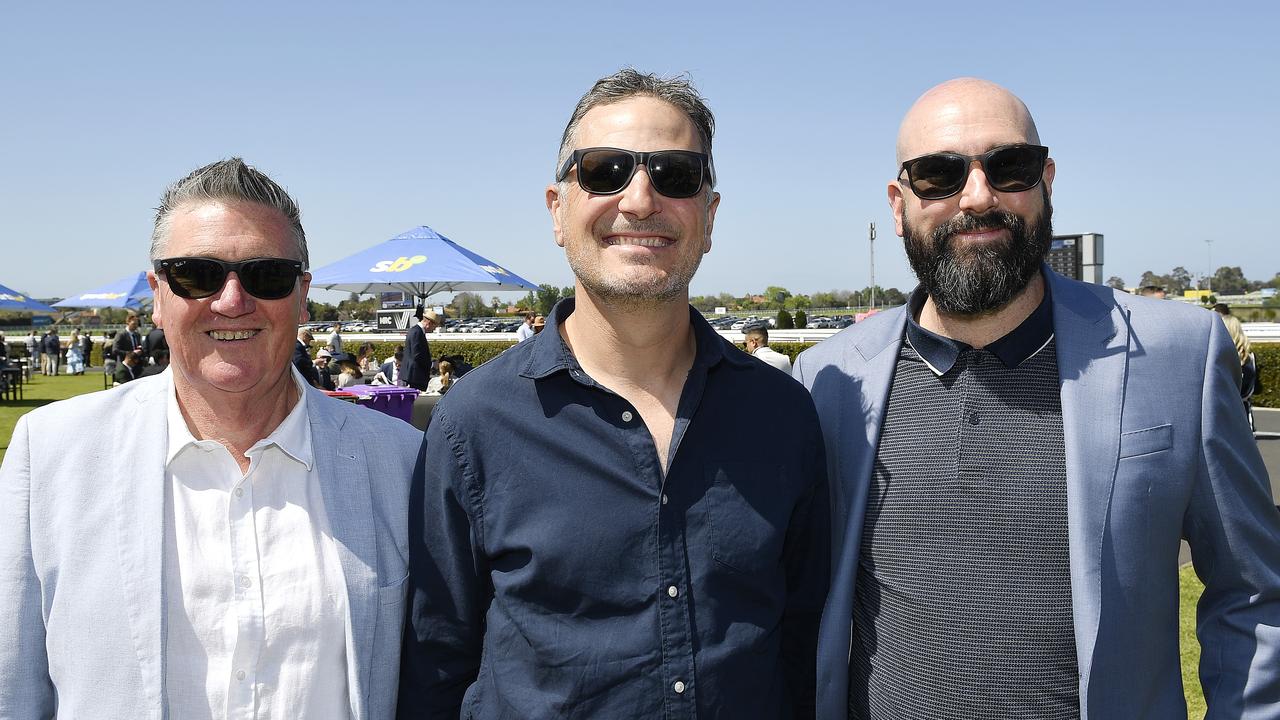 Caulfield Guineas horse race meeting, Caulfield, Victoria, Saturday 12th October 2024. Faces in the crowd. Pictured enjoying the race meeting are Graeme, Stuart and Dane. Picture: Andrew Batsch