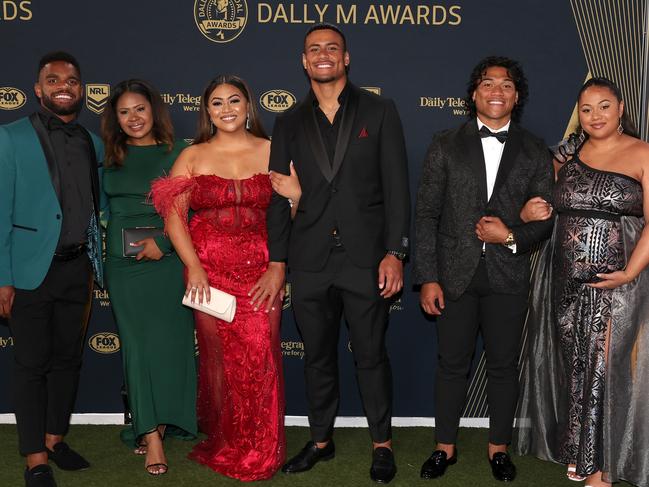 Sunia Turuva, Stephen Crichton and Brian To'o of the Panthers with their partners at the 2023 Dally M Awards night. Picture: Getty Images