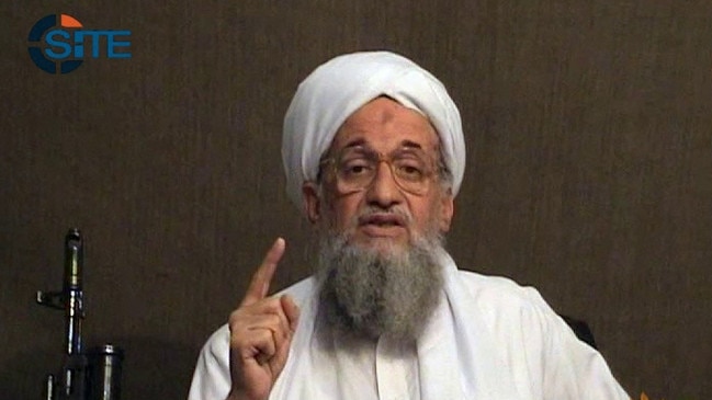 A still file image from a video released by Al-Qa’ida media in 2011 shows Ayman al-Zawahiri as he gives a eulogy for slain leader Osama bin Laden. Picture: AFP